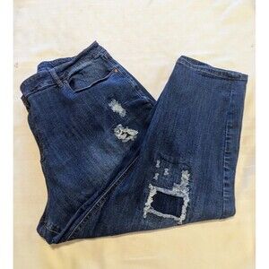 Avenue Women’s Plus Size 28 Boyfriend Capri Jeans Distressed Patch Cropped Denim